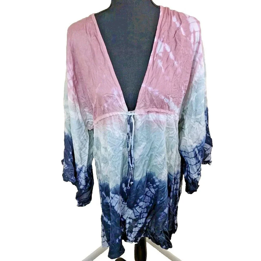 RAVIYA Swim Cover Up Tie Dye Empire Drawstring Waist Tunic Deep V-Neck 0X